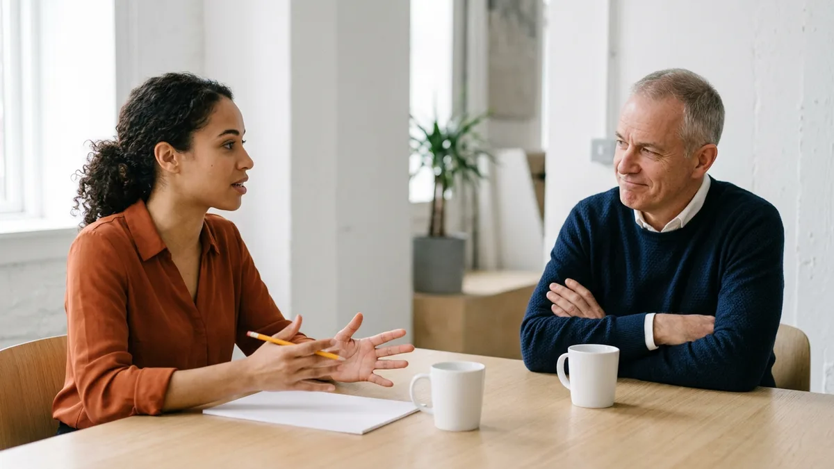 Financial analyst candidate in an orange blouse explaining an answer with a pencil while a gray-haired hiring manager in a navy sweater listens with arms folded