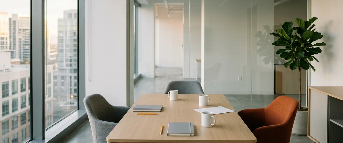 Empty glass-walled conference room with an oak table, two gray notebooks, yellow pencils, white coffee mugs, and one orange chair pulled back