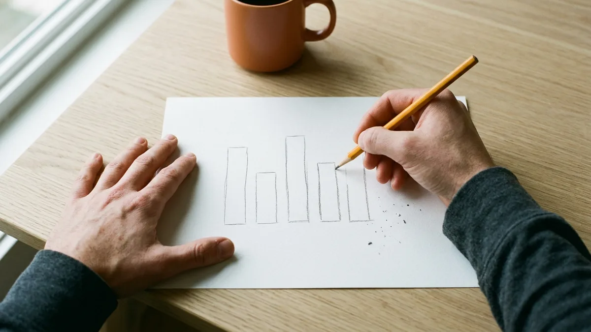 Hands sketching a simple variance bridge bar chart in pencil on white paper next to an orange coffee mug