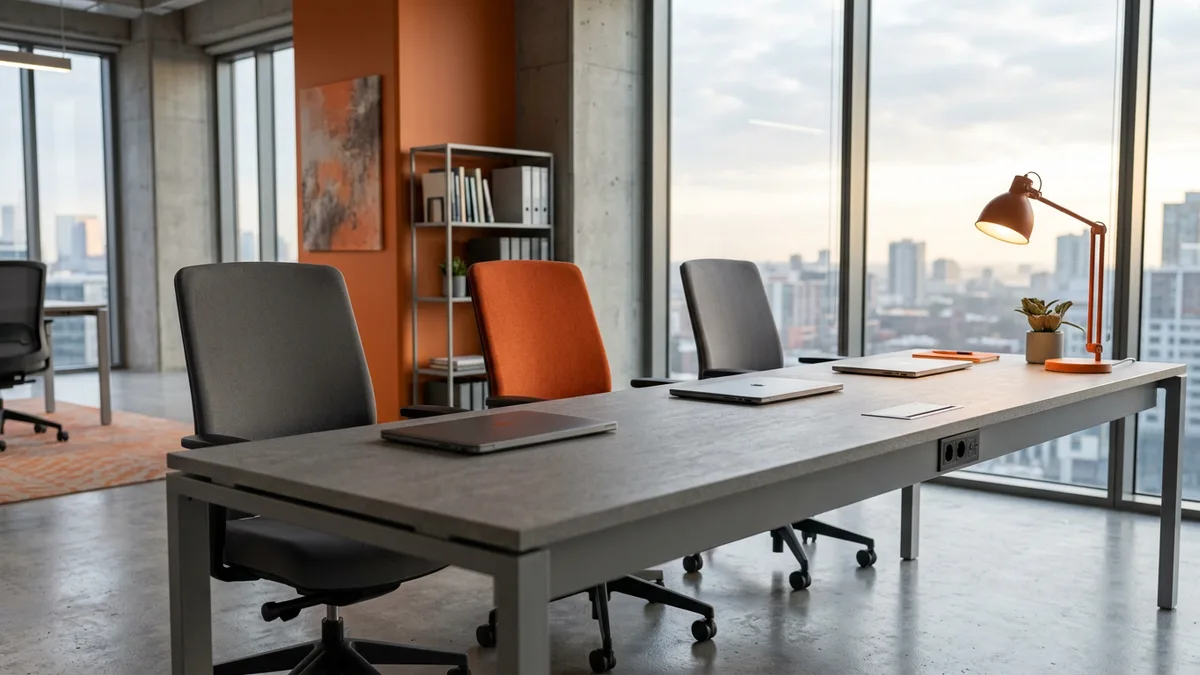 Empty corporate finance workspace with a long gray desk, an orange accent chair and floor to ceiling windows