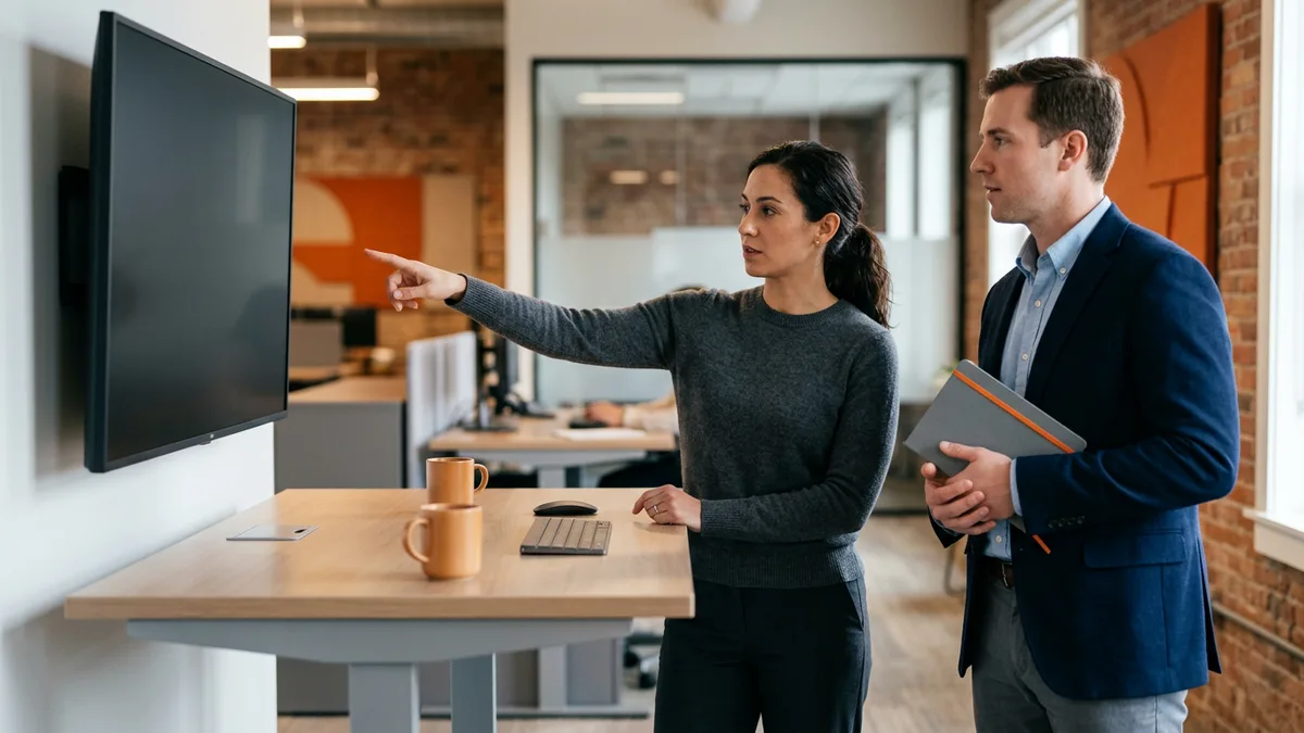 FP and A analyst pointing at a wall monitor while a finance manager holding a notebook looks on at a standing desk