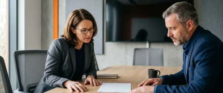Hiring manager in a gray blazer and a finance leader reviewing a printed financial analyst job description across a conference table