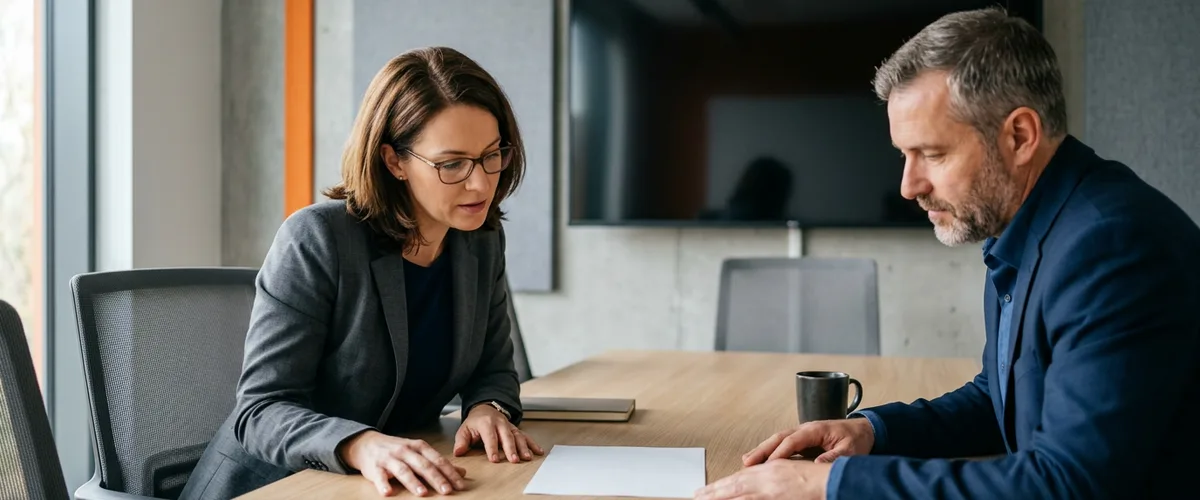 Hiring manager in a gray blazer and a finance leader reviewing a printed financial analyst job description across a conference table