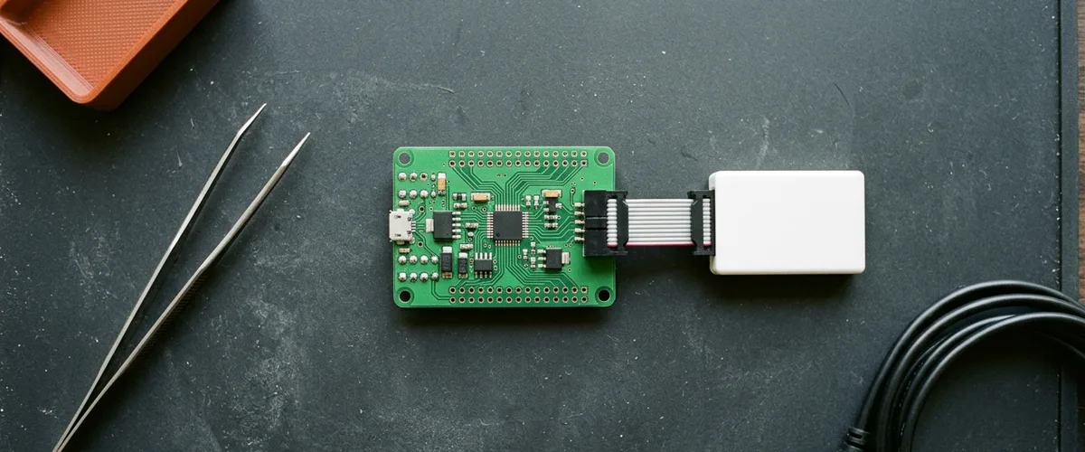 Bare green microcontroller development board connected by a grey ribbon cable to a white debug probe on a dark anti-static mat, with tweezers and an orange parts tray