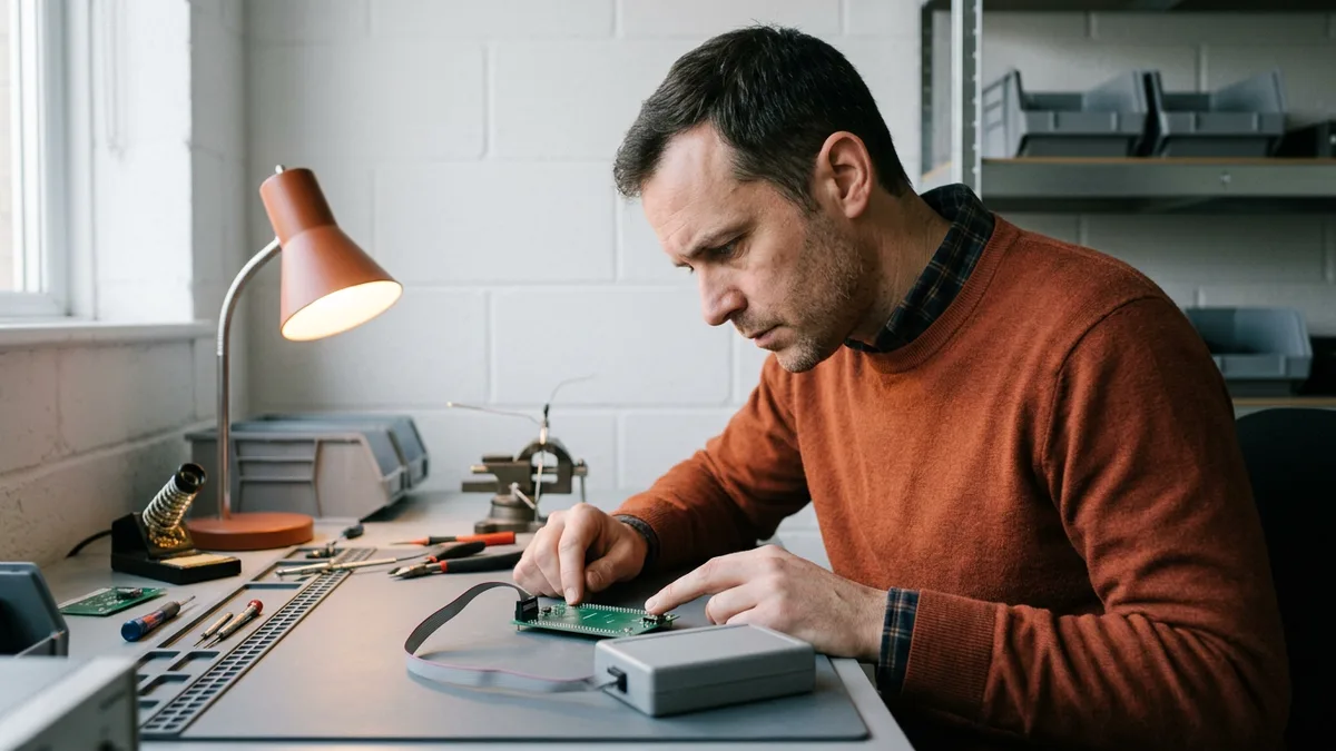 Firmware engineer in an orange sweater pressing a button on a bare development board wired to a debug probe at a lab bench under an orange desk lamp
