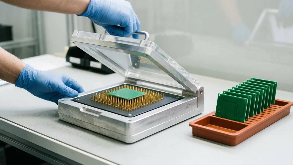 Gloved hands lowering the lid of an aluminium pogo pin test fixture holding a green circuit board, beside an orange tray of identical boards on a production bench