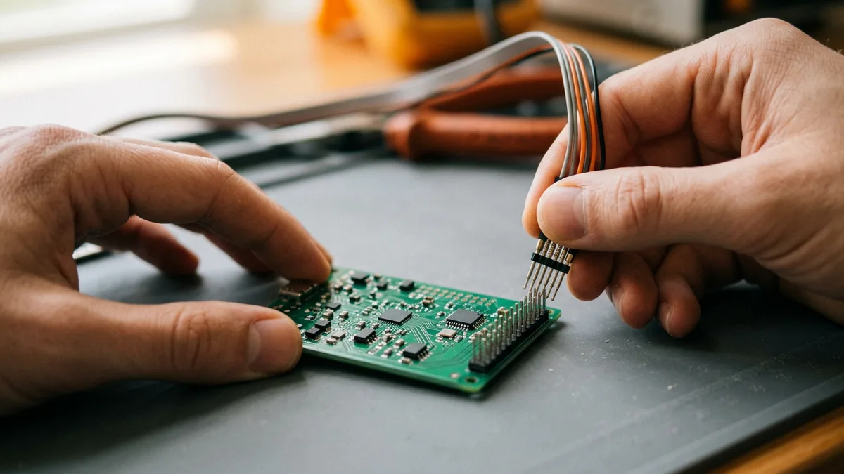 Close-up of an engineer attaching a fine-pitch test clip and ribbon leads to the pin header of a small green circuit board on a grey anti-static mat