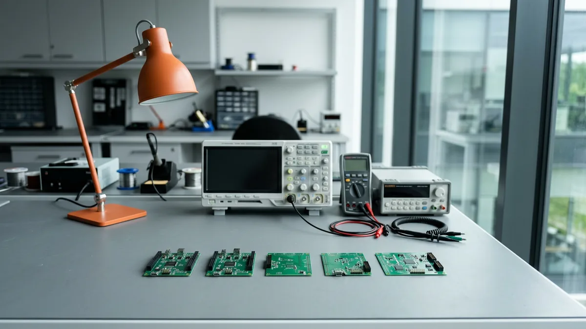Five revisions of a circuit board laid out in a row on an empty electronics workbench