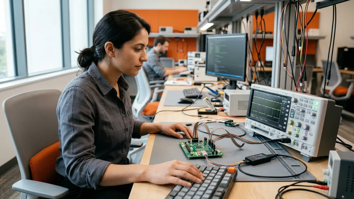 Firmware engineer at a lab bench debugging a microcontroller development board wired to an oscilloscope