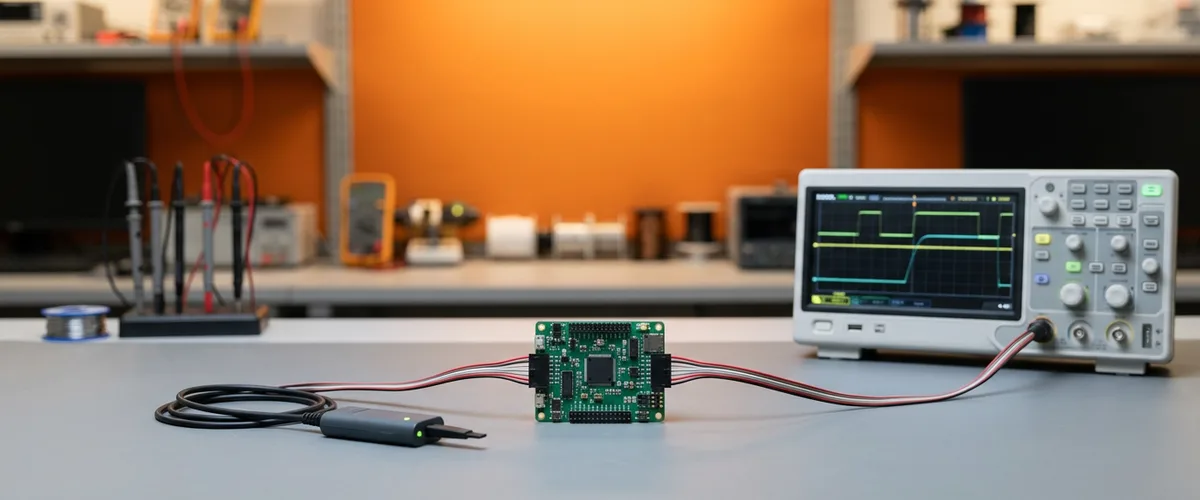 Hardware lab bench with a microcontroller development board connected to an oscilloscope and a debug probe