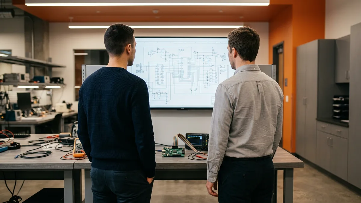 Two engineers reviewing a circuit schematic on a monitor beside a development board and logic analyzer