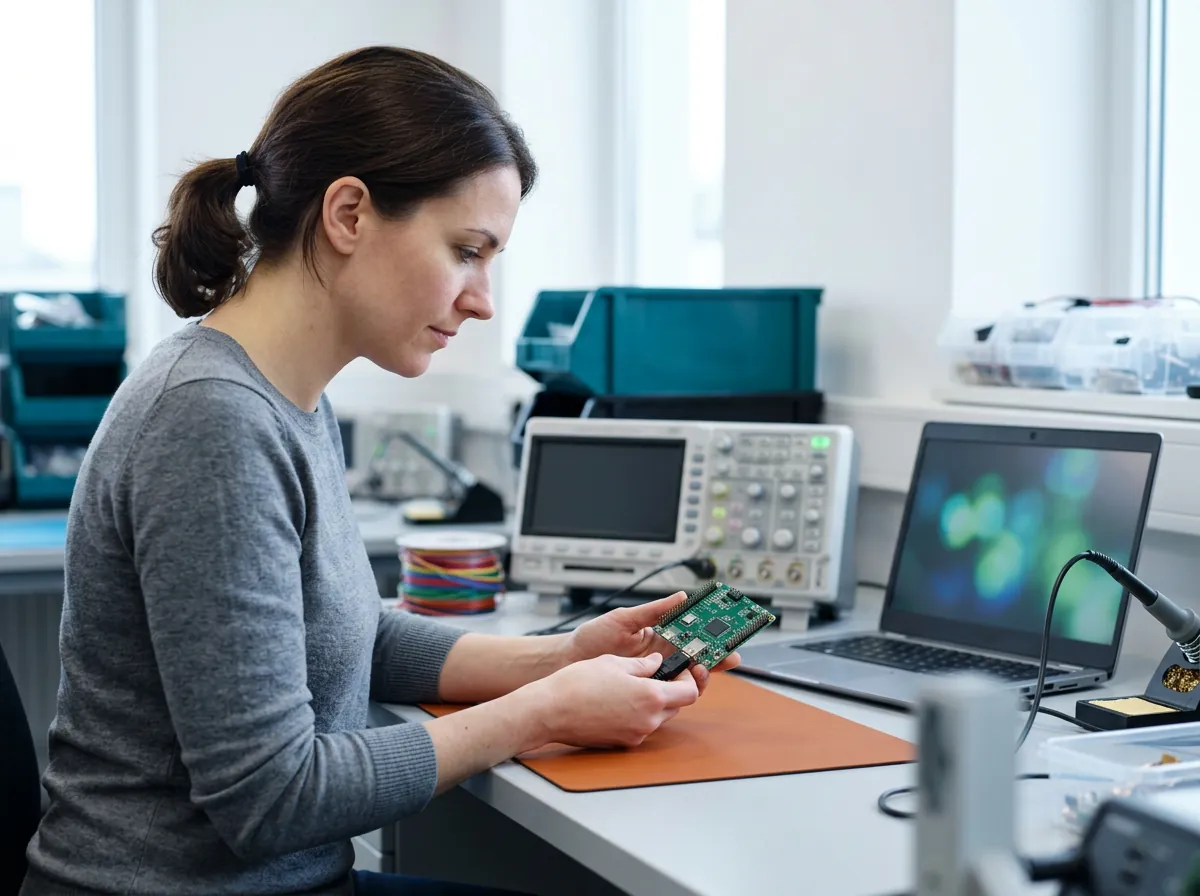 Firmware engineer at an electronics lab bench connecting a USB serial adapter to a green circuit board beside an oscilloscope and laptop