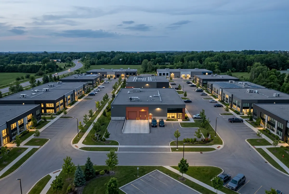 Aerial view at dusk of a light-industrial business park with low manufacturing buildings, lit windows and one orange loading door