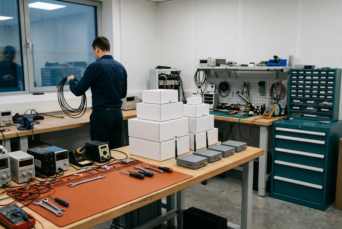 An engineer coiling a test cable at the end of a lab bench stacked with white product boxes and a row of finished grey devices