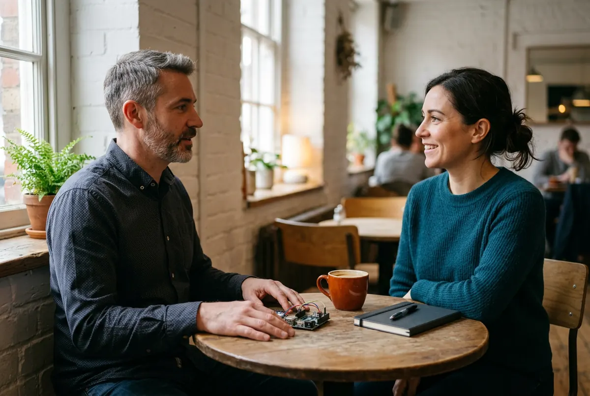 A recruiter in a teal sweater talking with a bearded firmware engineer at a cafe table, a small circuit board module and an orange mug between them