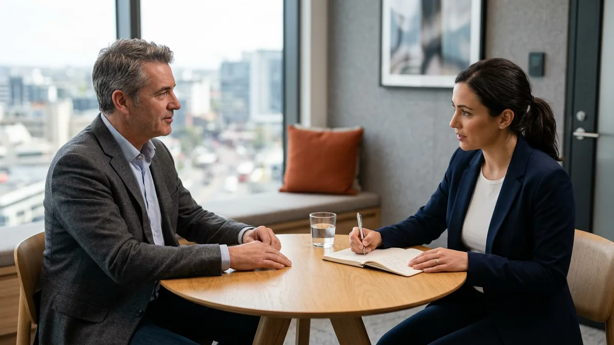 Founder and scientific recruiter at a conference table discussing the first internal recruiter hire
