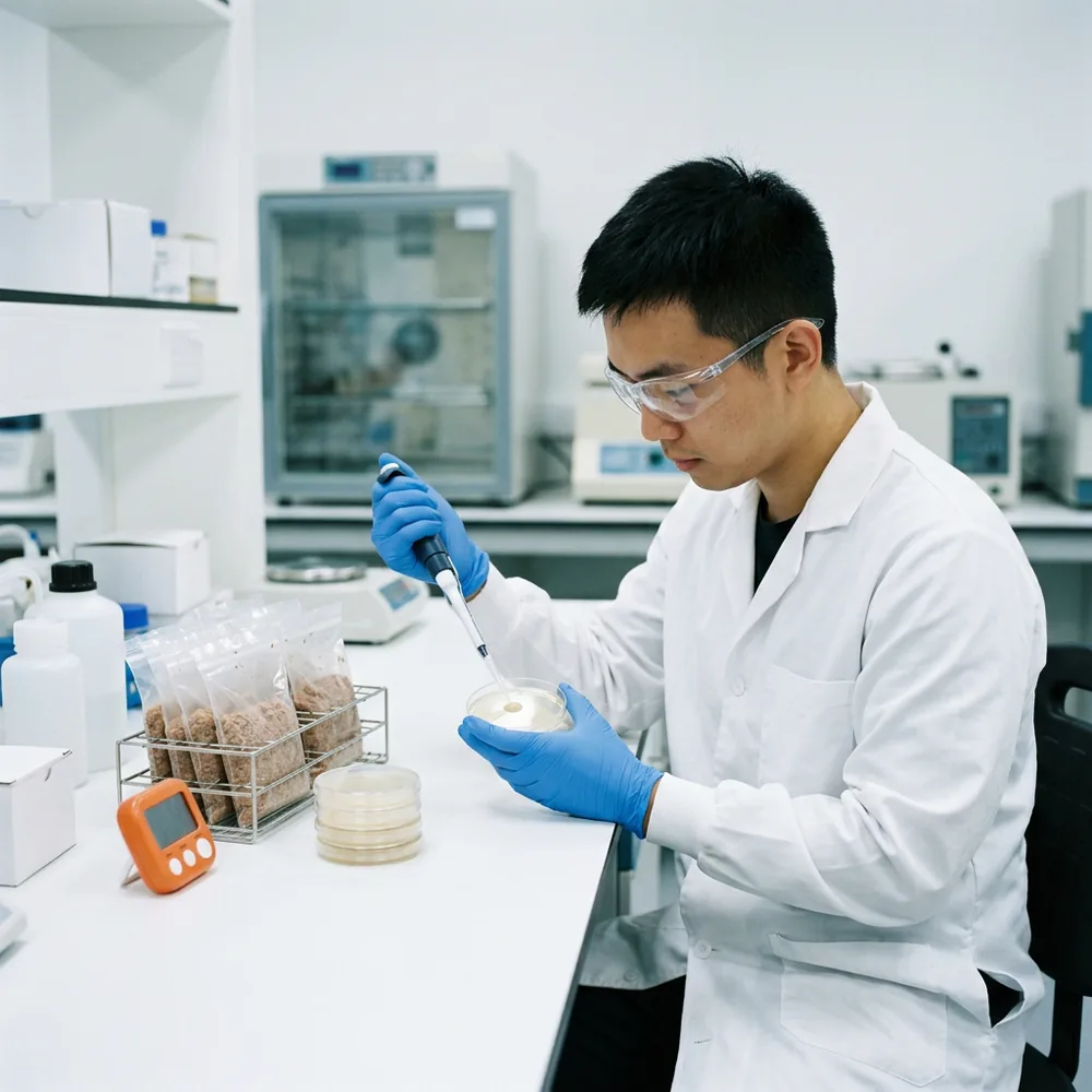Food microbiologist in a lab coat and blue nitrile gloves pipetting a sample onto a petri dish beside a rack of sealed food sample bags in a testing laboratory