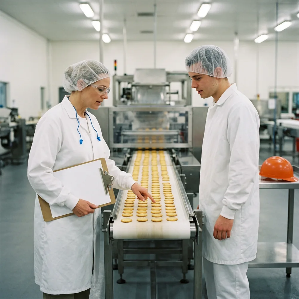 Food safety and quality manager in a hairnet, frock and safety glasses holding a clipboard and pointing at crackers on a packaging conveyor while a line operator listens