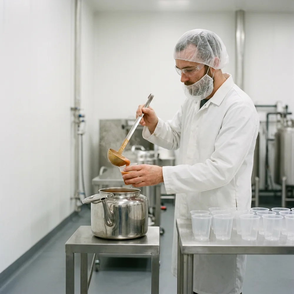 Food technologist in a hairnet, beard net and white frock pouring a ladle of soup from a stainless kettle into a clear sample cup in a food pilot plant