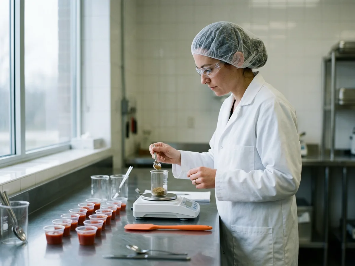 Food scientist in a white lab coat, hairnet and safety glasses adding spice powder to a beaker on a lab balance beside sample cups of tomato sauce in a product development lab