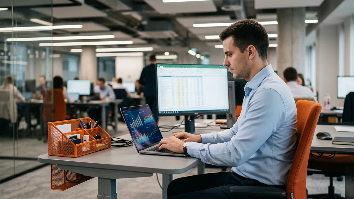 Financial analyst building a forecast model with bar and line charts on a laptop