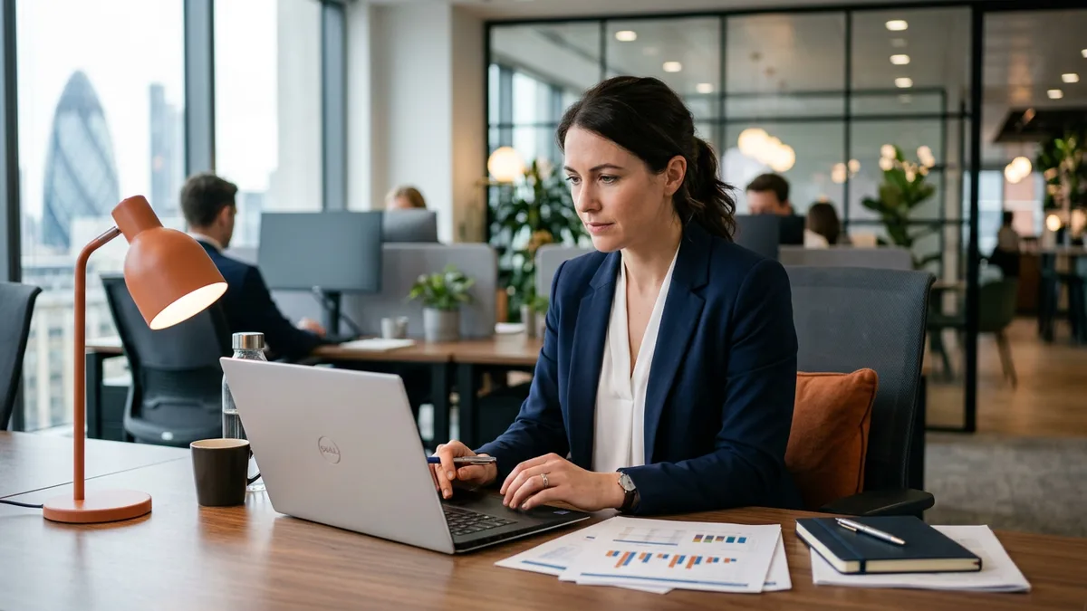 Financial analyst in a navy blazer reviewing a budget forecast spreadsheet on a laptop in a finance office