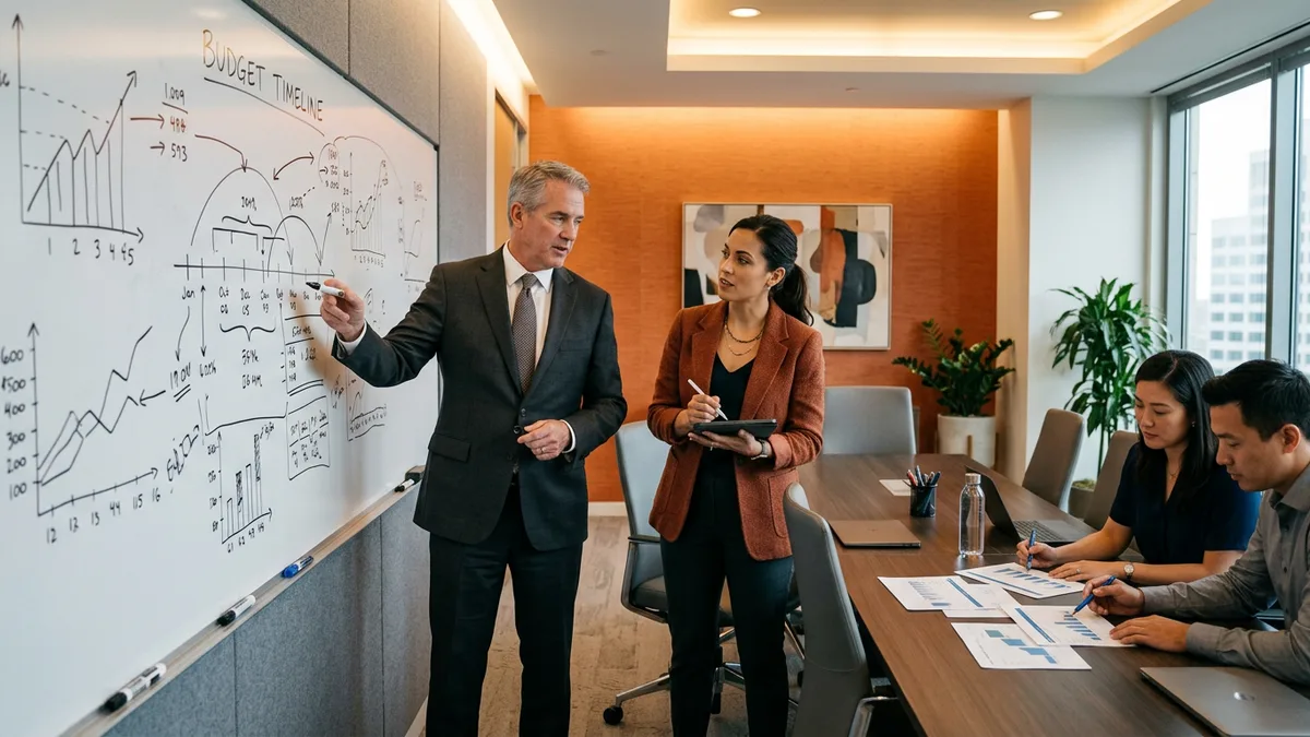 CFO and FP&A contractor standing at a whiteboard reviewing a budget timeline during planning season