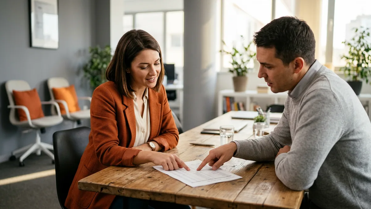Recruiter and finance hiring manager reviewing a printed contract bill rate sheet across a conference table