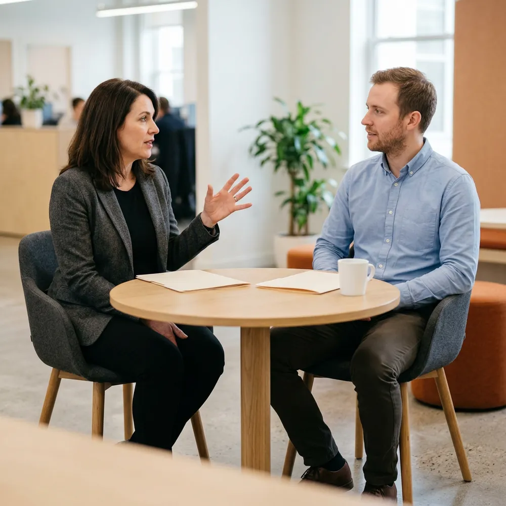 Fractional CHRO and a manager talking across a small round table during a standing weekly working day