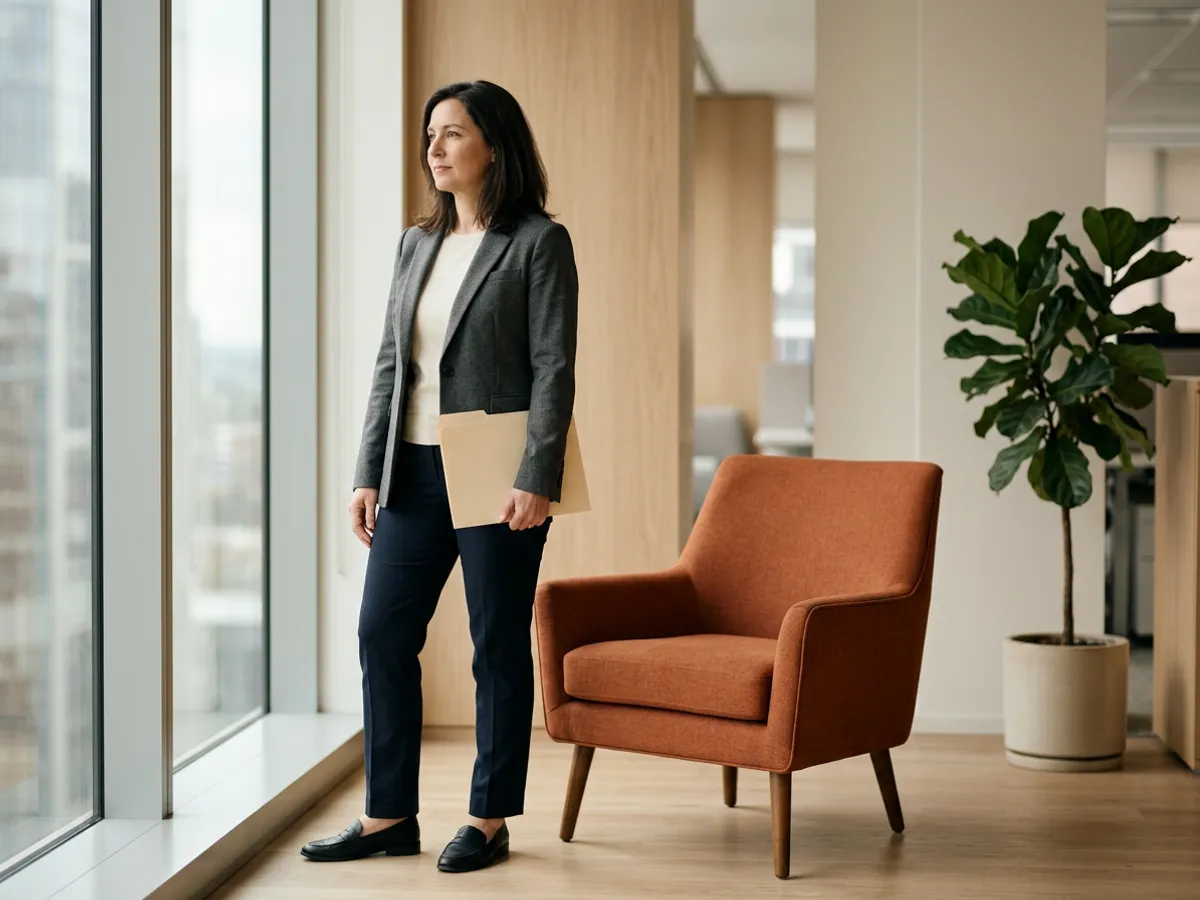 HR executive standing at an office window holding a closed folder, an empty orange armchair beside her, illustrating fractional CHRO services