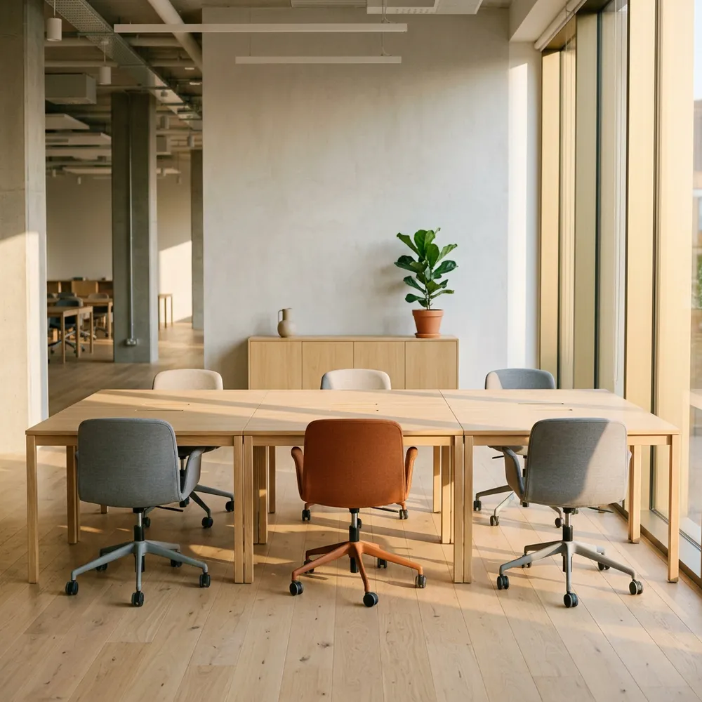 Three empty desks and task chairs in an open-plan office, one chair orange, representing the HR seats a fractional CHRO scopes