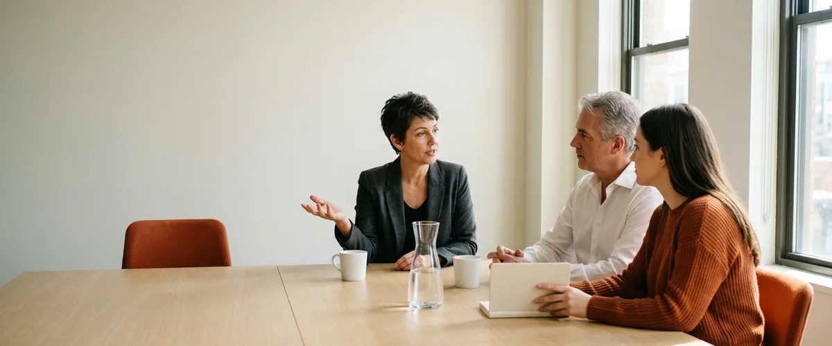 Fractional head of AI advisor leading a strategy meeting with two company executives at a conference table