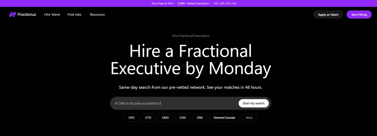 Fractionus homepage headline offering to hire a fractional executive by Monday