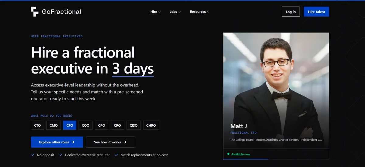 Go Fractional homepage headline offering to hire a fractional executive in 3 days