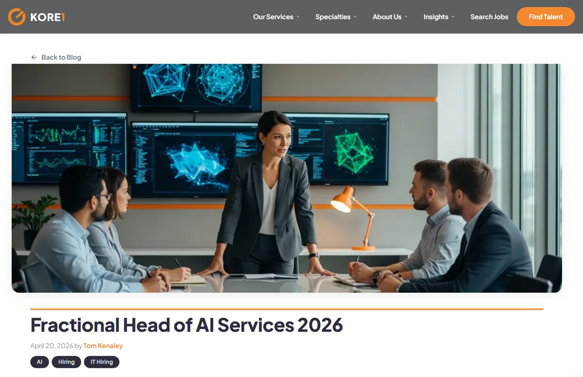 KORE1 Fractional Head of AI Services 2026 page header with an AI leader presenting to an executive team