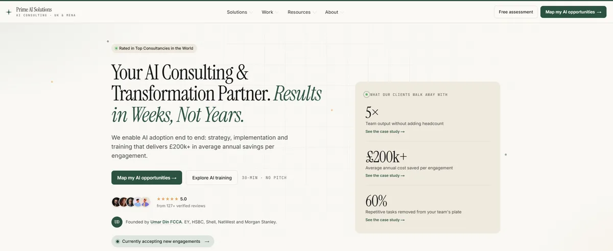 Prime AI Solutions homepage headline describing an AI consulting and transformation partner