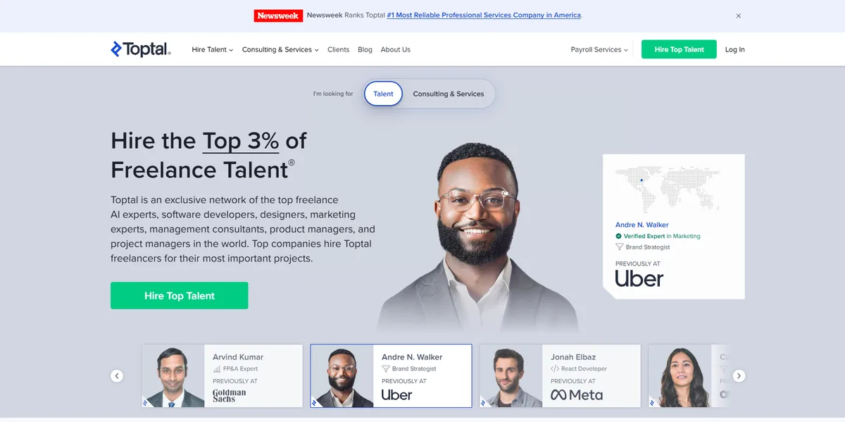 Toptal homepage headline about hiring the top 3% of freelance talent