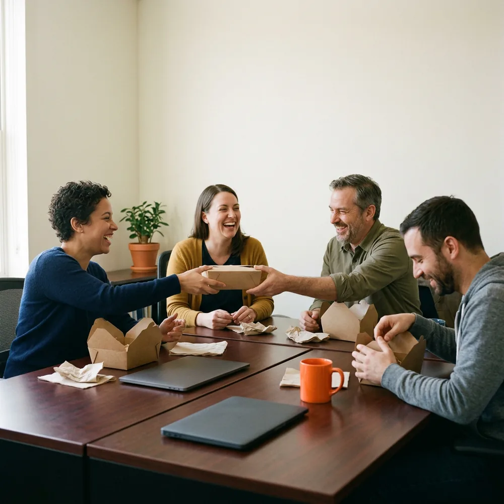 Four colleagues of mixed ages share takeout around pushed-together desks in a small office, laughing, with an orange mug and closed laptops at the edges