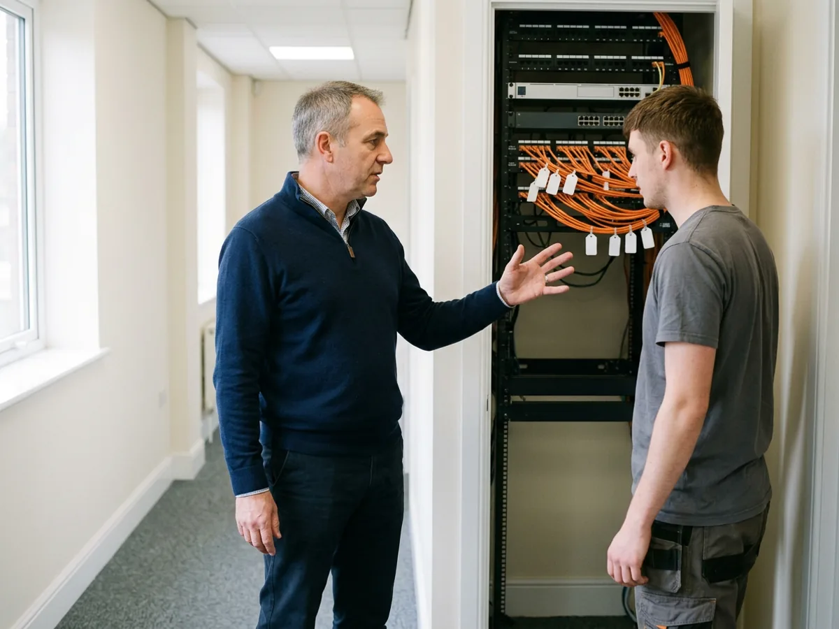 IT director in a navy quarter-zip stands in the open door of a tidy network closet and talks with a younger technician beside a rack of orange patch cables