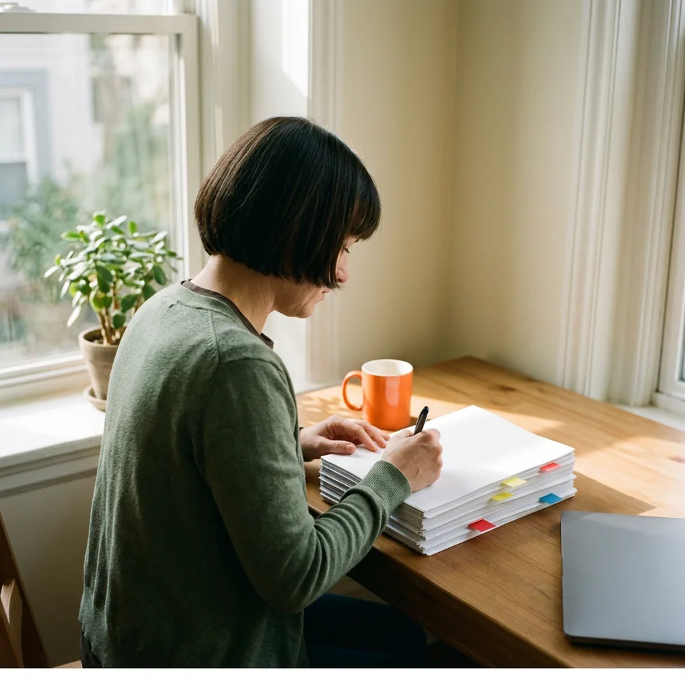 Woman at a window desk marking up a stack of printed vendor renewals with sticky tabs, an orange mug beside her and a closed laptop pushed to one side