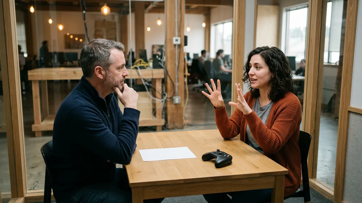 Game developer candidate in an orange cardigan explaining a jump arc with her hands to a hiring manager across a table with a game controller in a studio meeting room