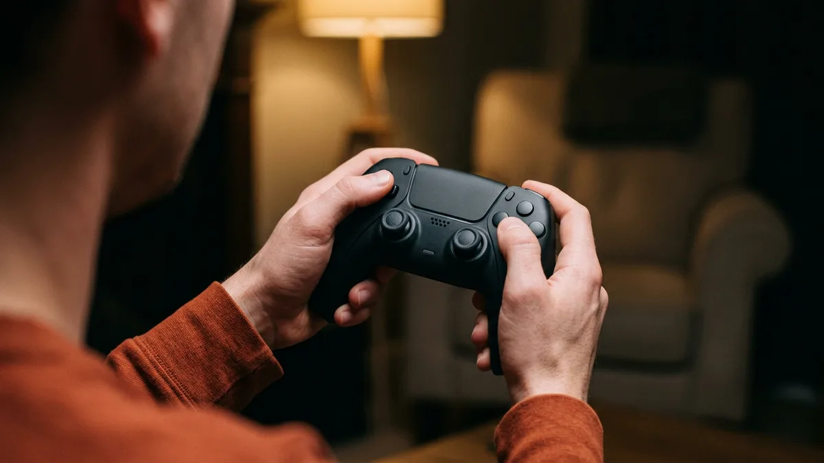 Close-up over the shoulder of a player in an orange shirt gripping a black game controller with both thumbs on the controls in a dim room