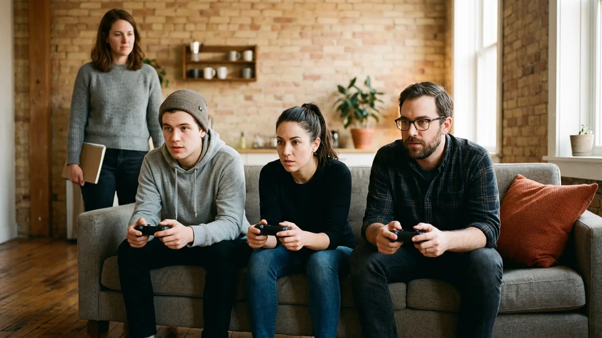 Three playtesters on a grey couch leaning forward with game controllers while a studio researcher holding a notebook watches from behind in a brick-walled lounge