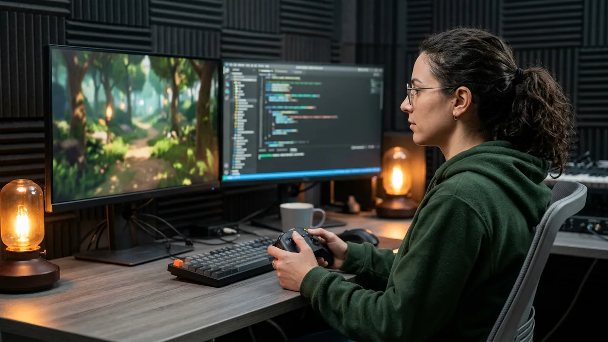 Gameplay programmer testing a game build with a controller at a dual-monitor workstation