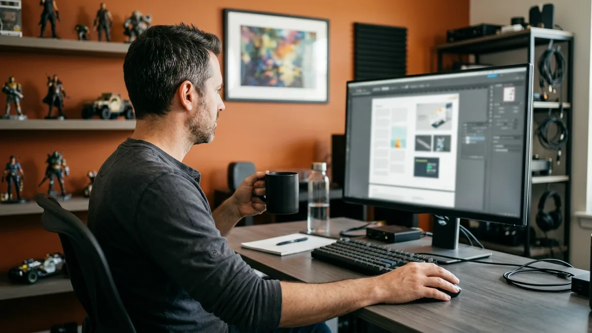 Studio engineering director editing a game developer job description on a large monitor at his desk