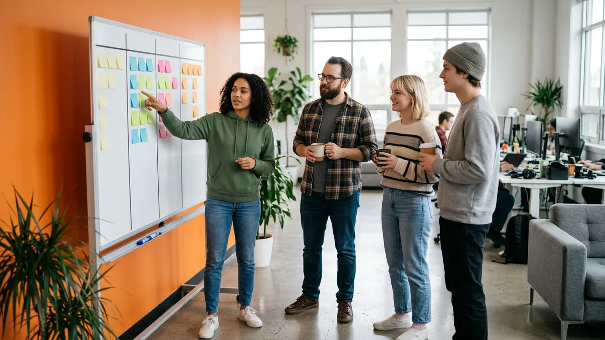 Small game development team at a morning standup around a whiteboard of sticky notes