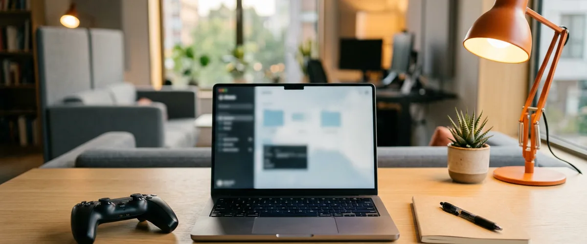 Laptop beside a black game controller and a notebook on a wooden desk in a game studio office