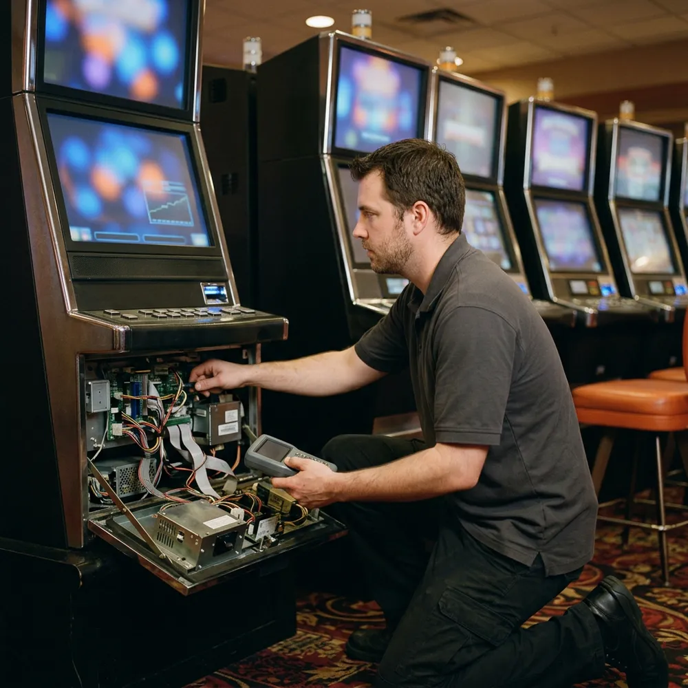 A gaming systems technician kneeling at an opened slot machine cabinet on a quiet casino floor in the early morning, holding a handheld diagnostic device