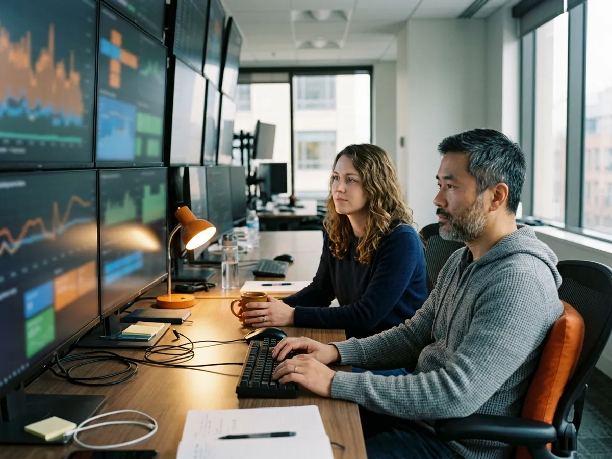 Two engineers in a game studio live operations room watching a wall of monitors with abstract graphs during a weekend event, an orange desk lamp beside them