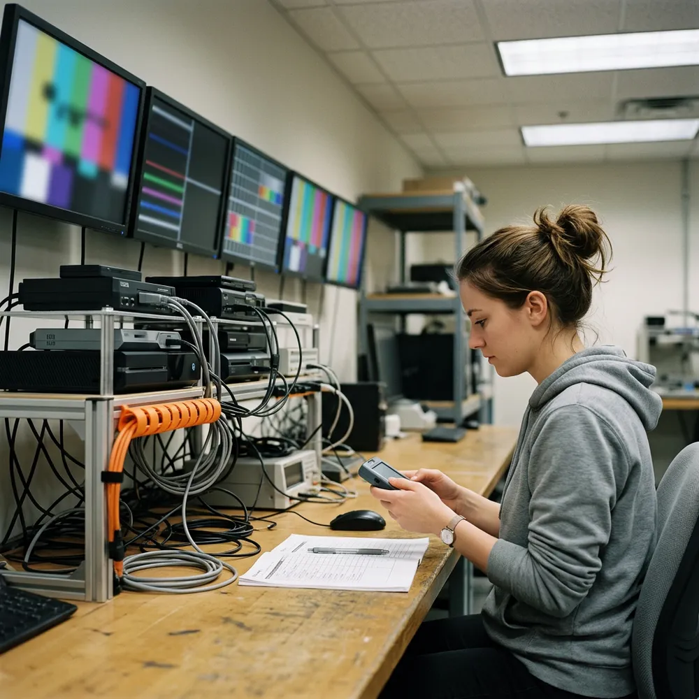 A QA tester in a video game certification lab working at a bench of consoles and development kits with a handheld test device and a paper checklist